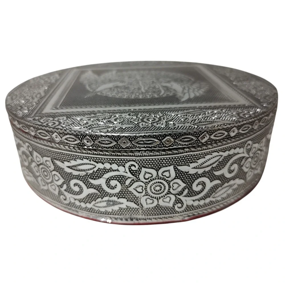 New Handcrafted Jewelry Trinket Box Embossed Birds Aluminum and Red Velvet India
